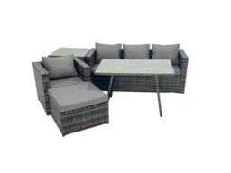 Rackhams Rattan Dining Table Sofa Armchair Set with Side Table Big Footstool Outdoor Garden Furniture Set Dark Grey Mixed - thumbnail 1