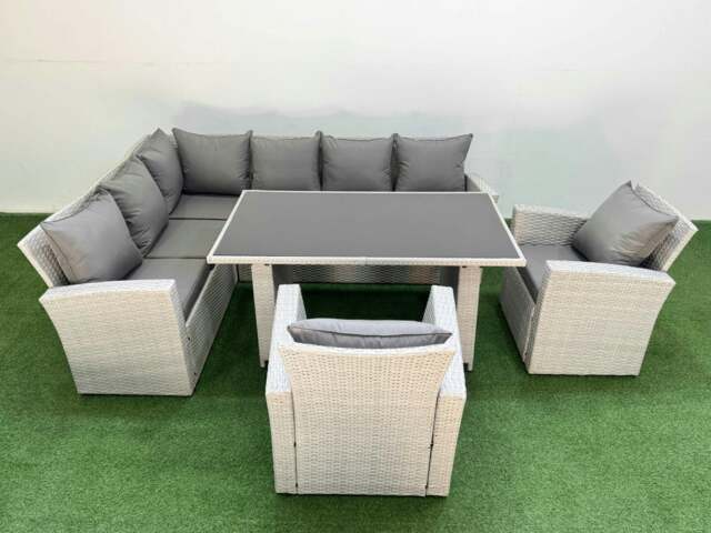 Rackhams 8 Seater Wicker Rattan Corner Sofa Sets Outdoor Garden Furniture Sets with Rectangular Dining Table Lounge Sofa 2 Armchair Light Grey - image 1
