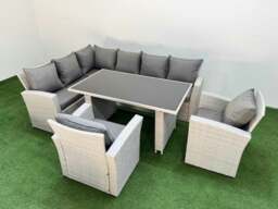 Rackhams 8 Seater Wicker Rattan Corner Sofa Sets Outdoor Garden Furniture Sets with Rectangular Dining Table Lounge Sofa 2 Armchair Light Grey - thumbnail 2