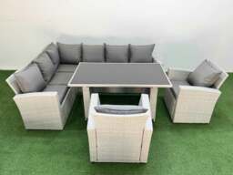 Rackhams 8 Seater Wicker Rattan Corner Sofa Sets Outdoor Garden Furniture Sets with Rectangular Dining Table Lounge Sofa 2 Armchair Light Grey - thumbnail 1