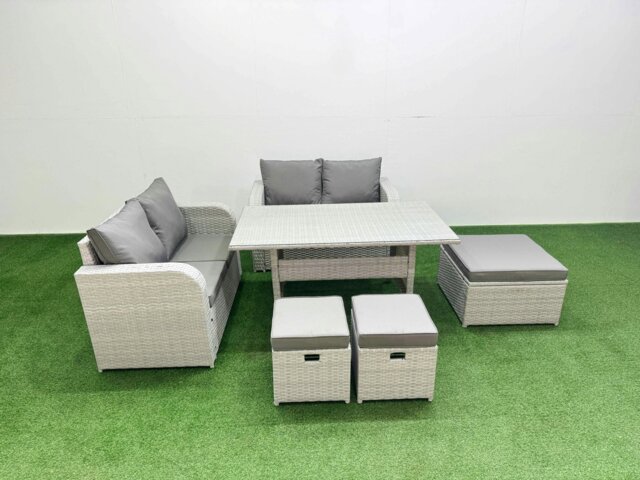 Rackhams 7 Seater Outdoor Love Sofa Set Rattan Garden Furniture Set with Rectangular Dining Table 3 Footstool Light Grey - image 1