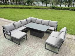 Rackhams 9 Seater Aluminium Garden Furniture Set with Adjustable Rising Dining Table, Corner Sofa & Footstool - Grey - thumbnail 1
