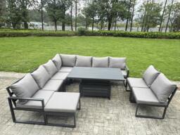 Rackhams 9 Seater Aluminium Garden Furniture Set with Adjustable Rising Dining Table, Corner Sofa & Footstool - Grey - thumbnail 2