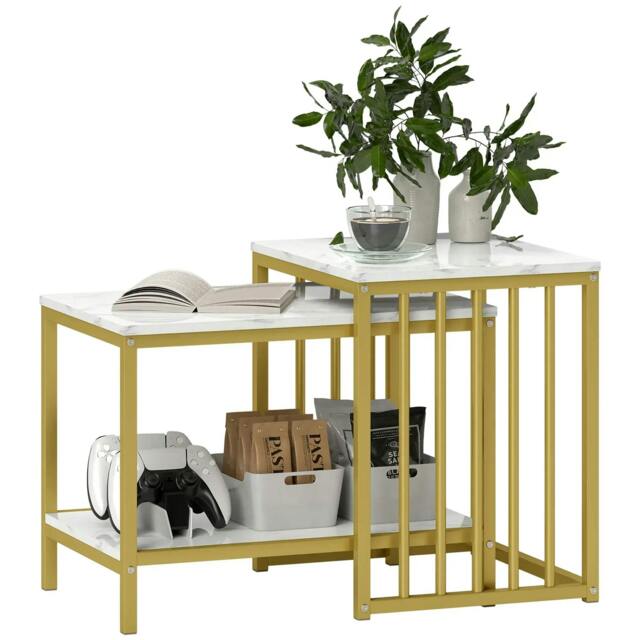 Rackhams Modern Coffee Table Set of Two, Marble-Effect Nesting Side Tables with Steel Frame for Living Room, Gold Tone