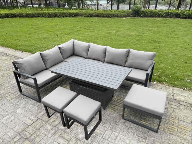 Rackhams 9 Seater Aluminium Garden Furniture Set with Adjustable Rising Dining Table, Corner Sofa & 3 Footstools - Dark Grey
