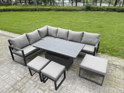 Rackhams 9 Seater Aluminium Garden Furniture Set with Adjustable Rising Dining Table, Corner Sofa & 3 Footstools - Dark Grey - thumbnail 1