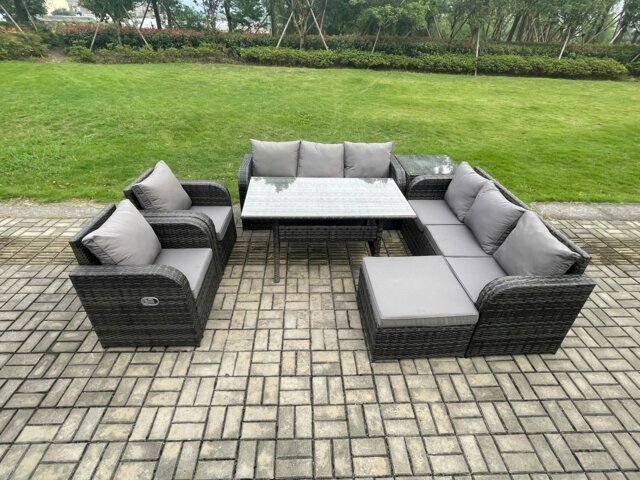 Rackhams 7 Piece Rattan Garden Furniture Set with Patio Sofa Rectangular Dining Table Big Footstool Side Table Indoor Conservatory Patio Set - image 1
