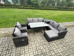 Rackhams 7 Piece Rattan Garden Furniture Set with Patio Sofa Rectangular Dining Table Big Footstool Side Table Indoor Conservatory Patio Set - thumbnail 2