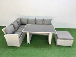 Rackhams 7 Seater Wicker Rattan Corner Sofa Sets Outdoor Garden Furniture Sets with Rectangular Dining Table Lounge Sofa Big Footstool Light Grey - thumbnail 2