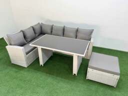 Rackhams 7 Seater Wicker Rattan Corner Sofa Sets Outdoor Garden Furniture Sets with Rectangular Dining Table Lounge Sofa Big Footstool Light Grey - thumbnail 1