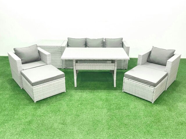 Rackhams Garden Dining Set Outdoor Rattan Furniture Set with Sofa Dining Table 2 Chairs 2 Big Footstools Side Table Light Grey Mixed - image 1