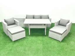 Rackhams Garden Dining Set Outdoor Rattan Furniture Set with Sofa Dining Table 2 Chairs 2 Big Footstools Side Table Light Grey Mixed - thumbnail 2