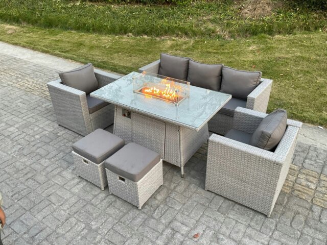 Rackhams Rattan Garden Furniture Set with Gas Fire Pit Dining Table, 1 Sofa, 2 Chairs & 2 Stools - 7 Seater - Light Grey - image 1