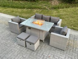 Rackhams Rattan Garden Furniture Set with Gas Fire Pit Dining Table, 1 Sofa, 2 Chairs & 2 Stools - 7 Seater - Light Grey - thumbnail 2