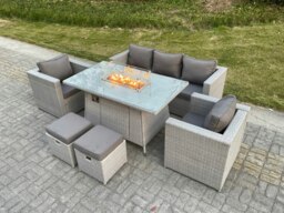 Rackhams Rattan Garden Furniture Set with Gas Fire Pit Dining Table, 1 Sofa, 2 Chairs & 2 Stools - 7 Seater - Light Grey - thumbnail 3