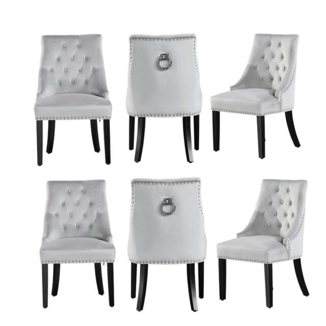 Rackhams Set of 6 Velvet Dining Chairs Ergonomic Scoop Knockerback & Button Tufted Wood Legs - Velvet - Light Grey - Dining Room - image 1