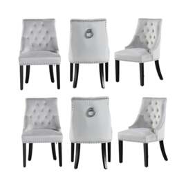 Rackhams Set of 6 Velvet Dining Chairs Ergonomic Scoop Knockerback & Button Tufted Wood Legs - Velvet - Light Grey - Dining Room - thumbnail 1