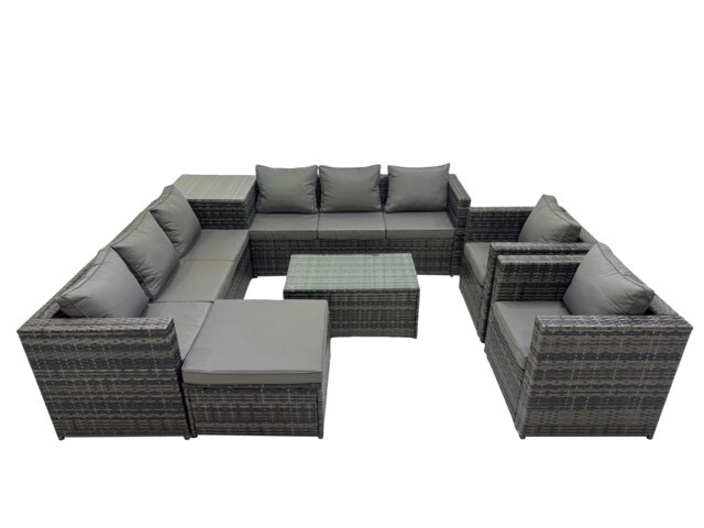 Rackhams 9 Seater Garden Outdoor Rattan Furniture Set Patio Corner Sofa Rectangular Coffee Table with Big Stool Side Table Dark Grey - image 1