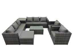 Rackhams 9 Seater Garden Outdoor Rattan Furniture Set Patio Corner Sofa Rectangular Coffee Table with Big Stool Side Table Dark Grey - thumbnail 1