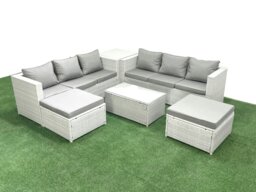 Rackhams Garden Outdoor PE Rattan Furniture Set 8 Seater Rattan Garden Sofa Set with 2 Big Footstools Side Table Light Grey Mixed - thumbnail 1