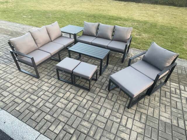 Rackhams Aluminium 8 Pieces Garden Furniture Set with Cushions 10 Seater Outdoor Patio Lounge Sofa Set with Armchair 3 Footstools Side Table Dark Grey - image 1