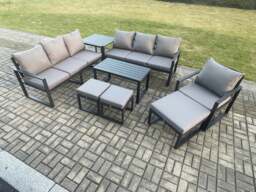 Rackhams Aluminium 8 Pieces Garden Furniture Set with Cushions 10 Seater Outdoor Patio Lounge Sofa Set with Armchair 3 Footstools Side Table Dark Grey - thumbnail 1