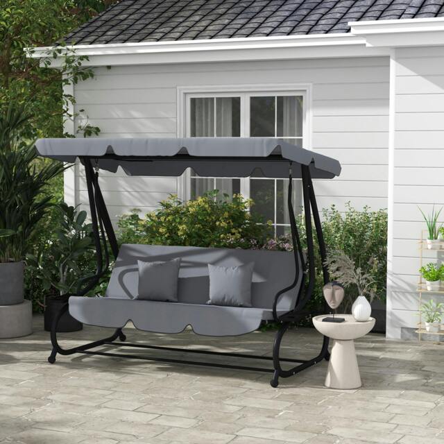 Rackhams 2-in-1 Garden Swing Chair for 3 Person w/ Adjustable Canopy Grey - image 1