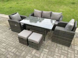 Rackhams Dark Grey PE Wicker Rattan Garden Furniture Set 3 Seater Lounge Sofa Reclining Chair Outdoor Rectangular Dining Table With 2 Stools 7 Seater - thumbnail 2