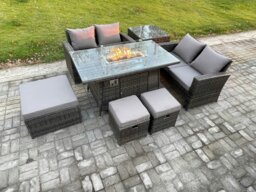 Rackhams 7 Seater Rattan Garden Furniture Set Outdoor Lounge Sofa Chair Gas Fire Pit Dining Table Set With 3 Footstools Double Seat Sofa Side Table - thumbnail 2