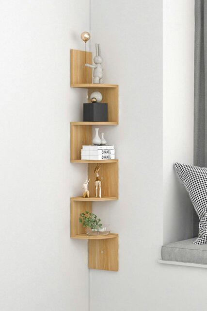 Rackhams 5 Tier Zigzag Corner Bookcase Floating Wall Shelf - Brown - image 1
