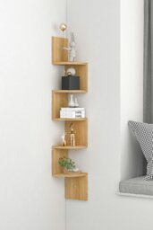 Rackhams 5 Tier Zigzag Corner Bookcase Floating Wall Shelf - Brown - thumbnail 1