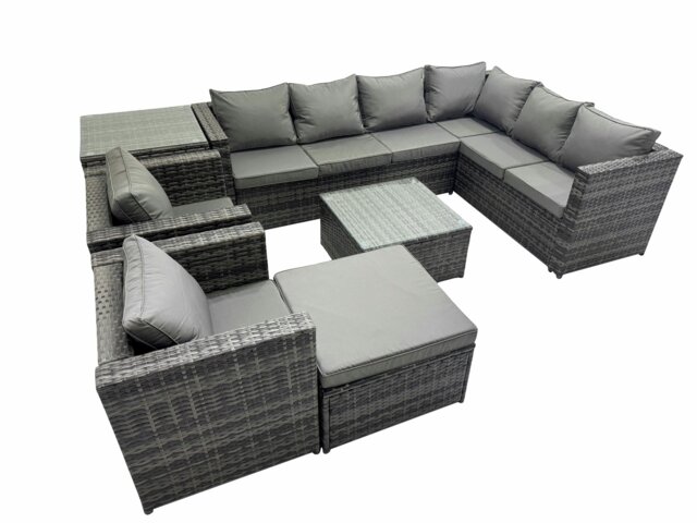 Rackhams Outdoor PE Rattan Garden Furniture Sofa Set with Square Coffee Table Big Stool Side Table 2 Chair Dark Grey - image 1