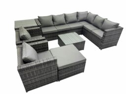 Rackhams Outdoor PE Rattan Garden Furniture Sofa Set with Square Coffee Table Big Stool Side Table 2 Chair Dark Grey - thumbnail 1