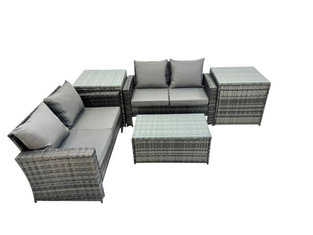 Rackhams PE Rattan Garden Furniture Set Lounge Double Seat Sofa Coffee Table Set with 2 Side Tables Dark Grey MixedMixed - image 1