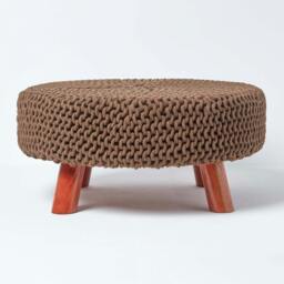 Rackhams Large Round Cotton Knitted Footstool on Legs - Chocolate Brown