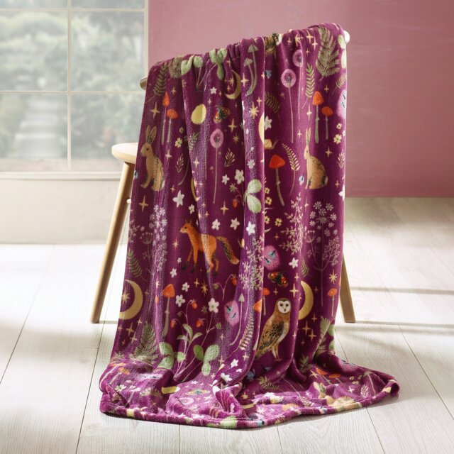 Rackhams Enchanted Twilight Animals Cosy Fleece Blanket Throw Forest Plum - 130 x 170 cm - Plum - image 1
