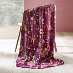 Rackhams Enchanted Twilight Animals Cosy Fleece Blanket Throw Forest Plum - 130 x 170 cm - Plum