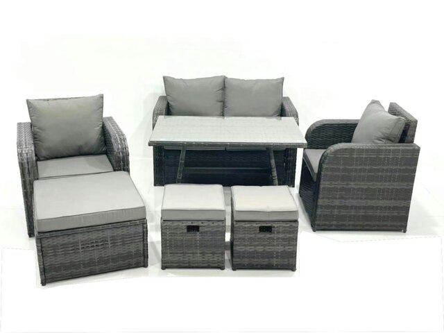 Rackhams Outdoor Garden Furniture Set Rattan Sofa Dining Table Set with Reclining Chair 3 Footstool Dark Grey Mixed - image 1