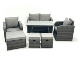 Rackhams Outdoor Garden Furniture Set Rattan Sofa Dining Table Set with Reclining Chair 3 Footstool Dark Grey Mixed - thumbnail 1