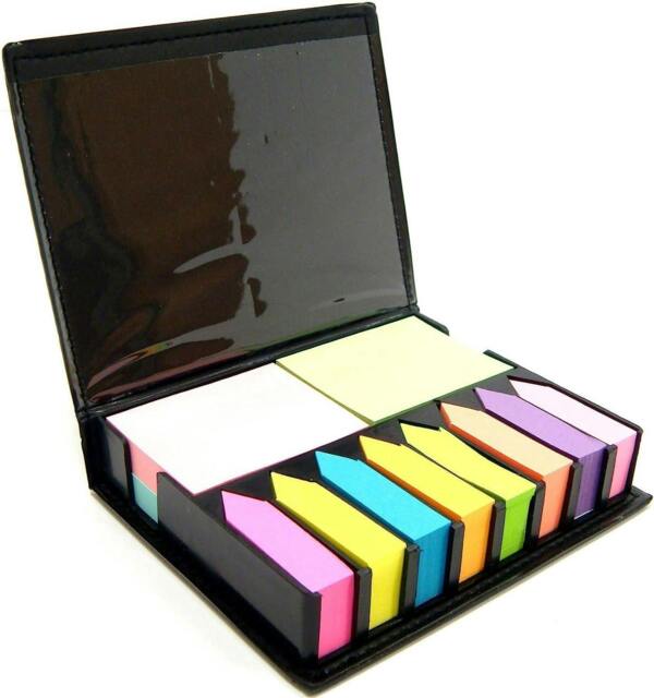Rackhams Leather Look Sticky Memo Desktop Box Set with Arrow Flags Index Tabs - MultiColored Self-Stick Notes Holder & Organizer for Office School Supplies