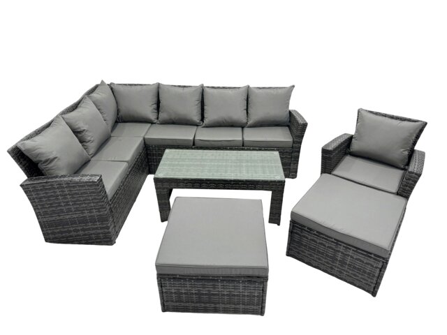 Rackhams 9 Seat Poly Rattan Outdoor Patio Oblong Coffee Table Corner Sofa Set with 2 Big Stool Chair for Garden Backyard Dark Grey Mixed - image 1