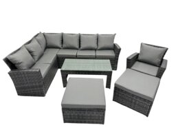Rackhams 9 Seat Poly Rattan Outdoor Patio Oblong Coffee Table Corner Sofa Set with 2 Big Stool Chair for Garden Backyard Dark Grey Mixed - thumbnail 1