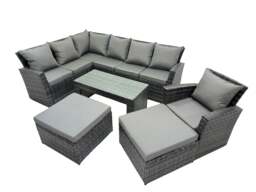 Rackhams 9 Seat Poly Rattan Outdoor Patio Oblong Coffee Table Corner Sofa Set with 2 Big Stool Chair for Garden Backyard Dark Grey Mixed - thumbnail 2