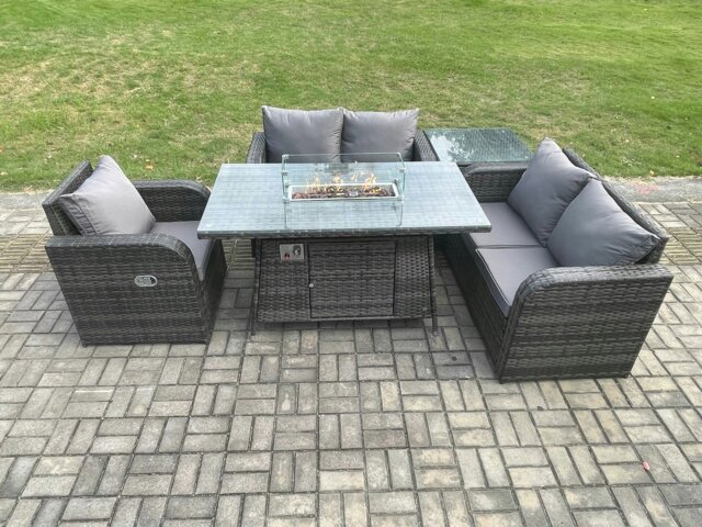 Rackhams Rattan Garden Furniture Set with Gas Fire Pit Dining Table,Side Table Indoor Outdoor 5 piece Love Sofa set - image 1