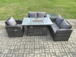 Rackhams Rattan Garden Furniture Set with Gas Fire Pit Dining Table,Side Table Indoor Outdoor 5 piece Love Sofa set