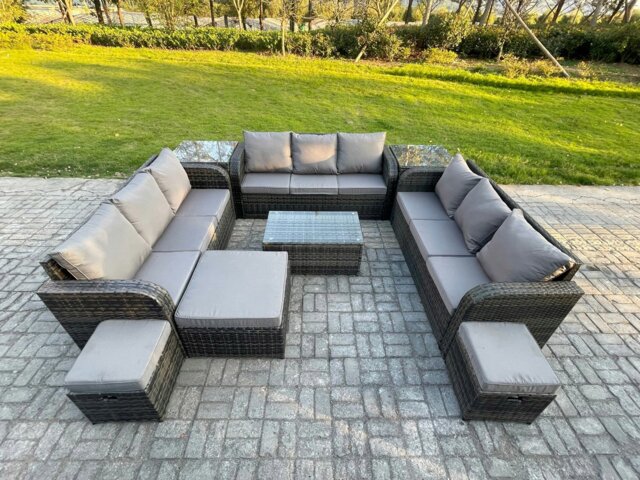 Rackhams 12 Seater Dark Grey Mixed Rattan Outdoor Lounge Set - Rectangular Coffee Table, 3-Seater Sofa, 2 Side Tables & 3 Footstools - image 1