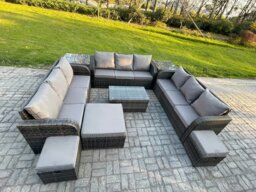 Rackhams 12 Seater Dark Grey Mixed Rattan Outdoor Lounge Set - Rectangular Coffee Table, 3-Seater Sofa, 2 Side Tables & 3 Footstools - thumbnail 2