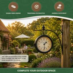 Rackhams Double Sided Garden Clock in Black Metal with Mounting Bracket - thumbnail 2