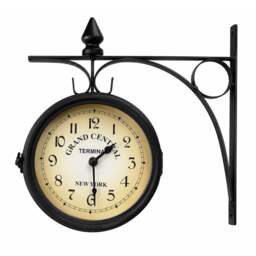 Rackhams Double Sided Garden Clock in Black Metal with Mounting Bracket - thumbnail 1