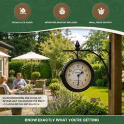 Rackhams Double Sided Garden Clock in Black Metal with Mounting Bracket - thumbnail 6